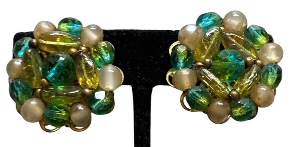 Mid century Green White Art Glass Cluster Bead Filigree Clip On Earrings